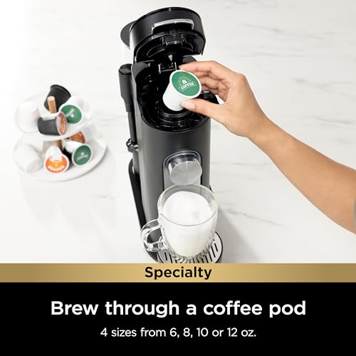 Ninja PB051 Pod & Grounds Specialty Single-Serve Coffee Maker, K-Cup Pod Compatible, Brews Grounds, Compact Design, Built-In Milk Frother, 56-oz. Reservoir, 6-oz. Cup to 24-oz. Mug Sizes, Black