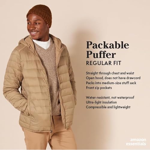 Amazon Essentials Men's Lightweight Water-Resistant Packable Hooded Puffer Jacket, Black, Large