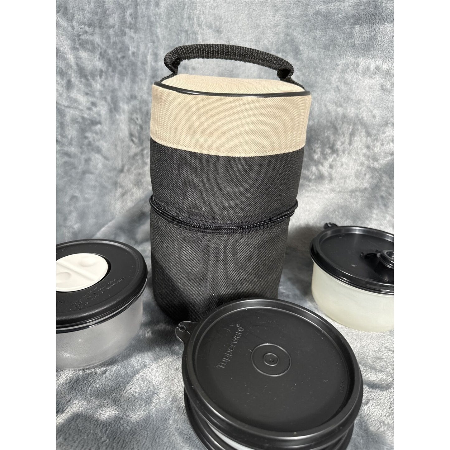 Tupperware Insulated Lunch Bag Zippered Tote Small Cylinder Black & Beige
