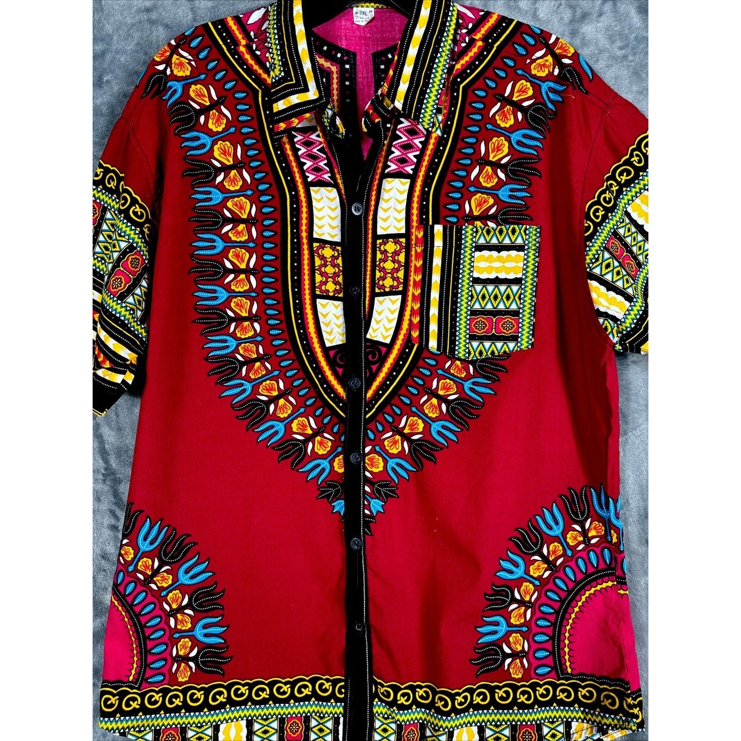 African Fabrics Floral Red Yellow Blue Indigo Unisex Stylish Top Blouse Women 2 X-Large