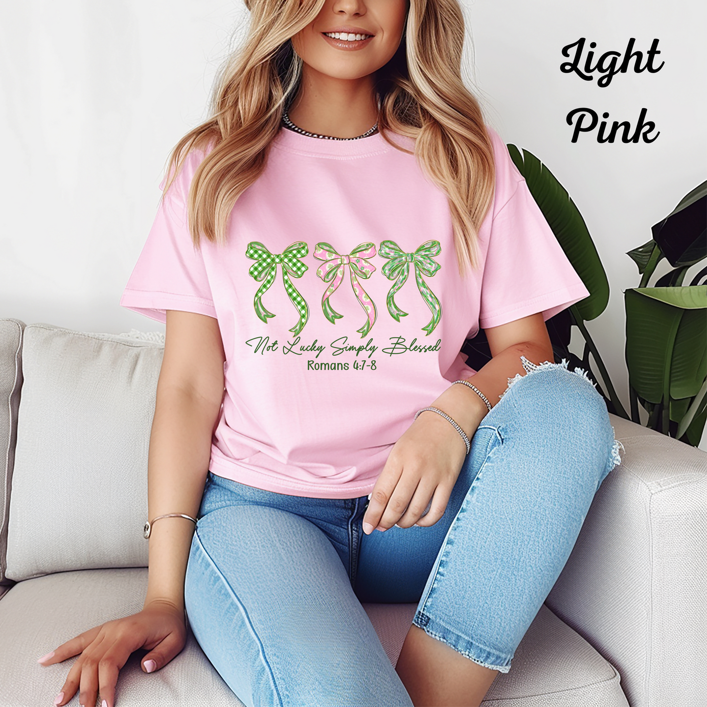 Christian Faith Shirt, Not Lucky Simply Blessed Tee, Religious Gift, Bible Verse Tee, Inspirational Bow Graphic, Romans 4:7-8 T-Shirt