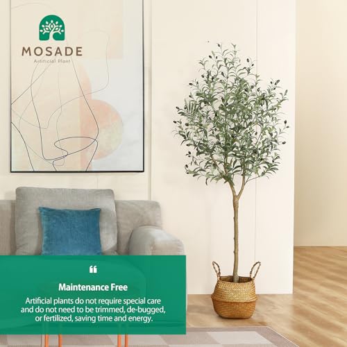 MOSADE Artificial Olive Tree 6 Feet Fake Olive Silk Plant and Handmade Seagrass Basket, Perfect Tall Faux Topiary Silk Tree for Indoor Entryway Modern Decor Home Office Porch Balcony Gift,1Pack