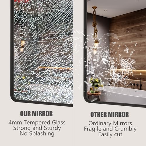 CHARMOR 60x28 Black Framed Bathroom Mirror, Large Matte Black Bathroom Vanity Mirror for Wall, Modern Rounded Rectangle Mirror, Shatterproof (Horizontally/Vertically)