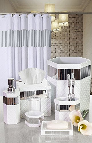 Creative Scents White Bathroom Accessories Set - Decorative 6 Piece Bathroom Set Includes: Trash Can, Tissue Box Cover, Soap Dispenser, Toothbrush Holder, Tumbler & Soap Dish (Quilted Mirror)