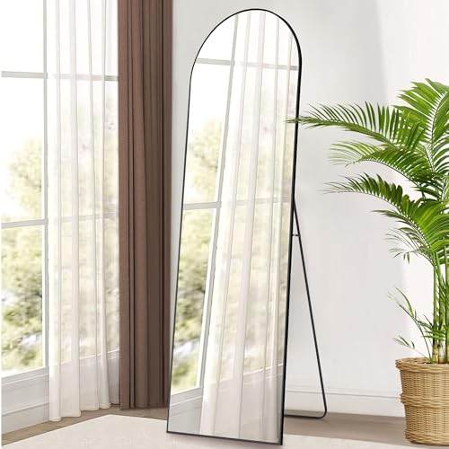 OLIXIS Arched Full Length Mirror 64"x21" for Bedroom, Full Body Mirror with Stand, Hanging or Leaning for Wall, Aluminum Alloy Thin Frame Floor Standing for Living Room, Tall, Black