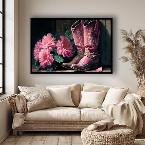 JODYCEBU Pink Cowgirl Boots Wall Canvas Art Poster Western Aesthetic Nursery Country Dorm Room Art Boho Girly Print Wall Decor