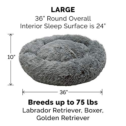 Furhaven 36" Round Calming Donut Dog Bed for Large/Medium Dogs, Refillable w/ Removable Washable Cover, For Dogs Up to 75 lbs - Shaggy Plush Long Faux Fur Donut Bed - Gray, Large