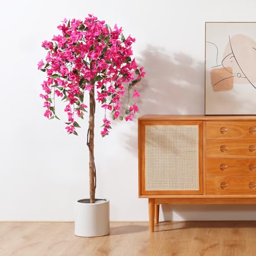 Laiwot 5FT Artificial Tree Tall Potted Fake Bougainvillea Trees for Outdoor Indoor Office Wedding Home Decor Lifelike Faux Plants with Wood Trunk and Pink Flowers