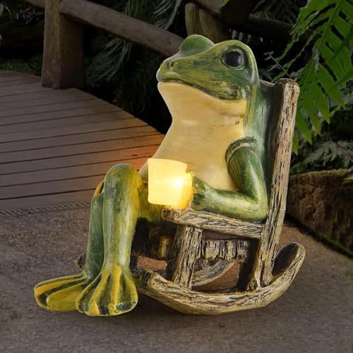 FOXMIS Miniature Frog Garden Statue Mothers Day Mom Gifts Fairy Garden Accessories Outdoor Figurine Lights Solar Garden Frog Decor Art Housewarming Gift for Patio,Yard,Lawn Ornament,3.89"x2.36"x3.93"