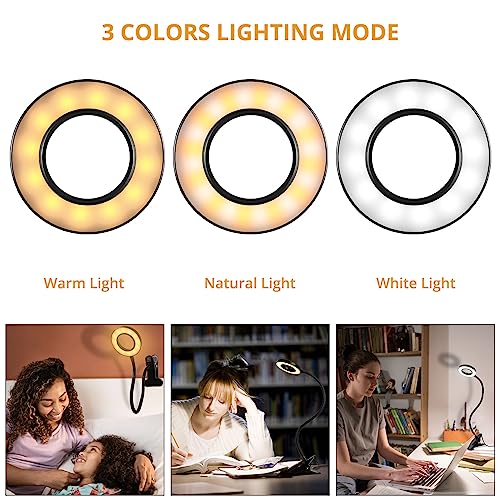 Woputne Desk Clip on Lamp for Reading Home Office, 10 Dimmable Brightness 3 Modes, Ring/ Clamp Light for Bed Headboard, Craft, Computer, Video Call