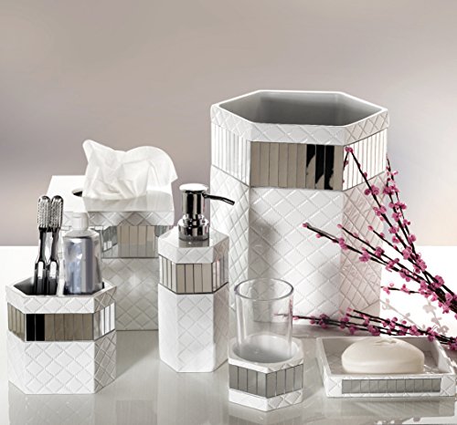 Creative Scents White Bathroom Accessories Set - Decorative 6 Piece Bathroom Set Includes: Trash Can, Tissue Box Cover, Soap Dispenser, Toothbrush Holder, Tumbler & Soap Dish (Quilted Mirror)