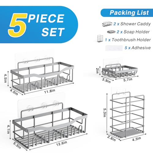 EUDELE Shower Caddy 5 Pack,Adhesive Shower Organizer for Bathroom Storage&Home Decor&Kitchen,No Drilling,Large Capacity,Rustproof Stainless Steel Bathroom Organizer,Shower Shelves for Inside Shower