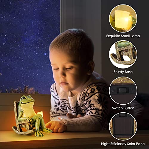 FOXMIS Miniature Frog Garden Statue Mothers Day Mom Gifts Fairy Garden Accessories Outdoor Figurine Lights Solar Garden Frog Decor Art Housewarming Gift for Patio,Yard,Lawn Ornament,3.89"x2.36"x3.93"