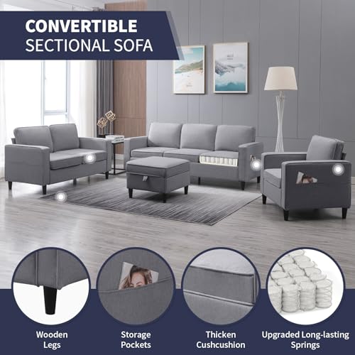ijuicy 6 Seat Sectional Sofa Set w/Ottoman,3 Seat Couch & Loveseat Sofa & Armchair with Side Pockets & Movable Storage Ottoman, 3PCS Modern Couch Set Living Room Furniture Set(3+2+1Seat/Light Grey)