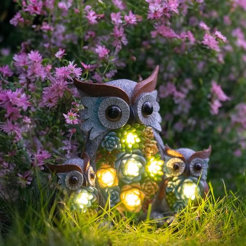 Candieslife Solar Garden Statue Lights Owl Figurine with LED Lights, Outdoor Garden Succulent Ornaments Gift Waterproof Decoration for Outside Patio Yard Lawn Decor