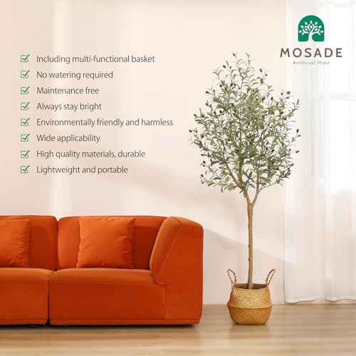 MOSADE Artificial Olive Tree 6 Feet Fake Olive Silk Plant and Handmade Seagrass Basket, Perfect Tall Faux Topiary Silk Tree for Indoor Entryway Modern Decor Home Office Porch Balcony Gift,1Pack