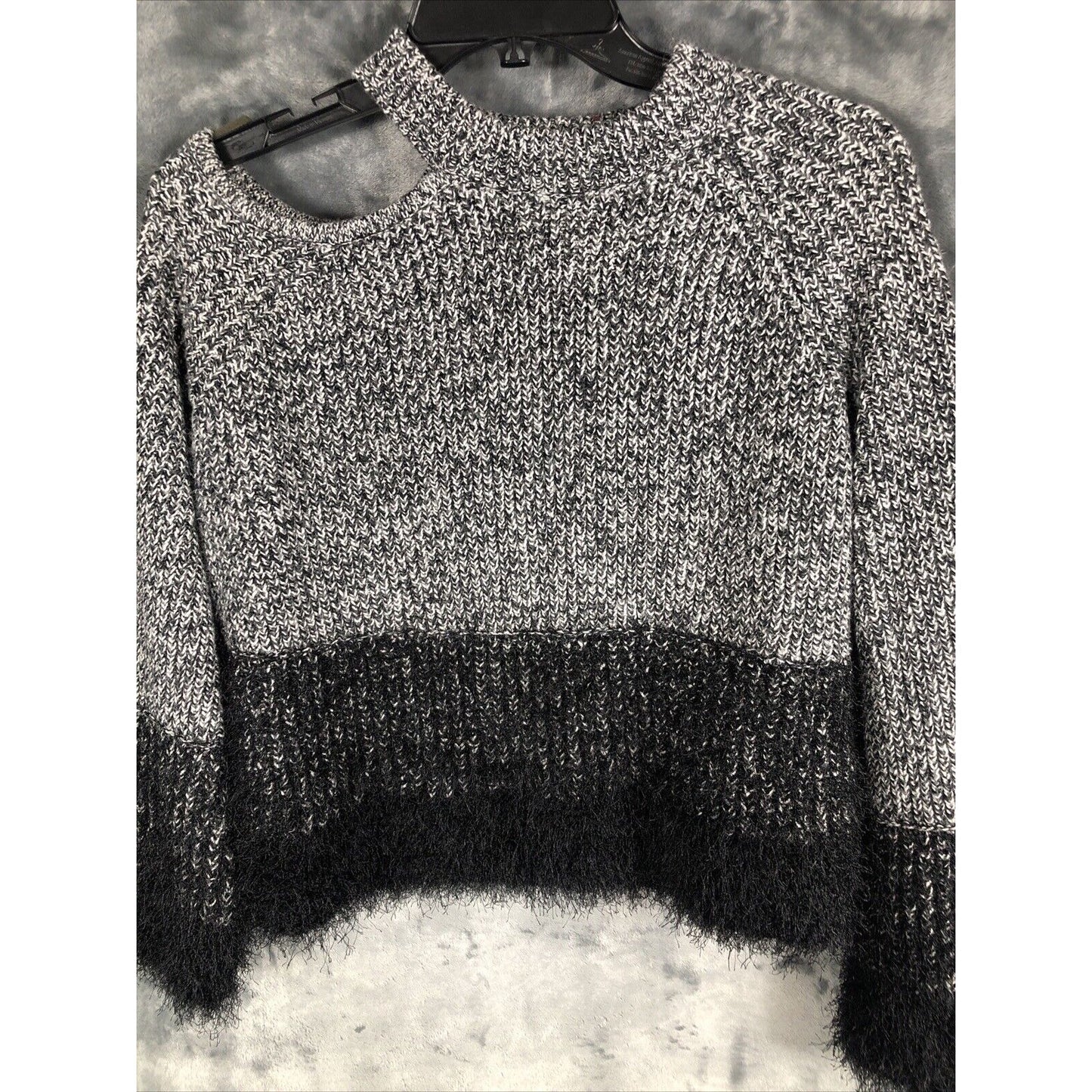 1. State Ladies Black and White Sweater Fuzzy Trim Sleeves and Waist Size Small