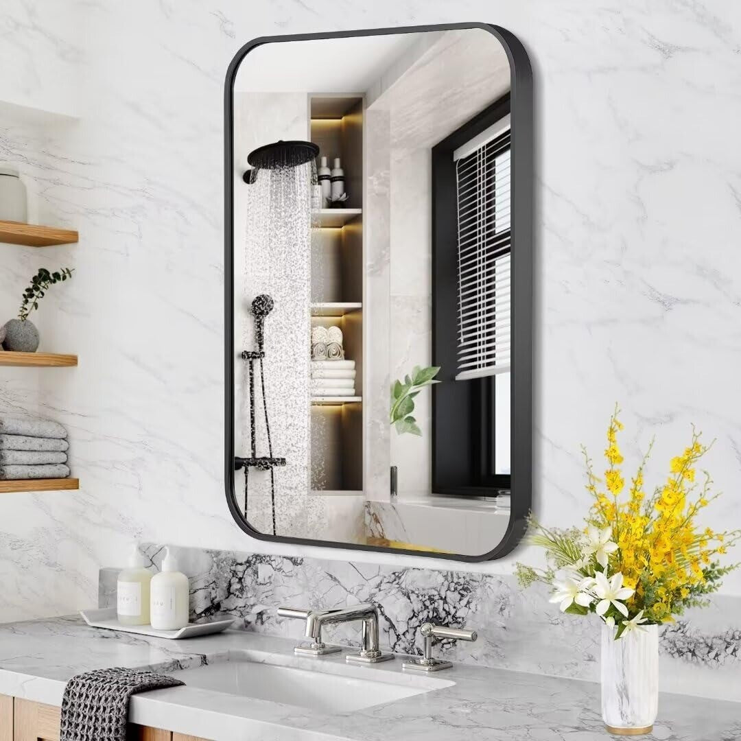 Wall Mirror With Black Frame For Bathroom Or Entryway Rectangular