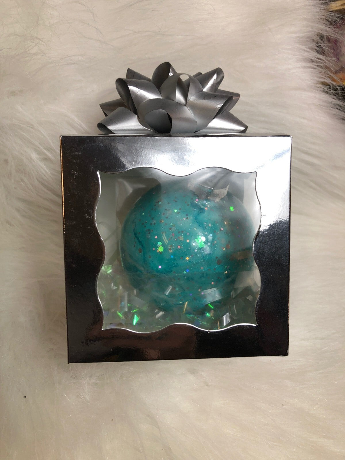 Handmade Glittery Aqua Christmas Ornament With Silver Cap