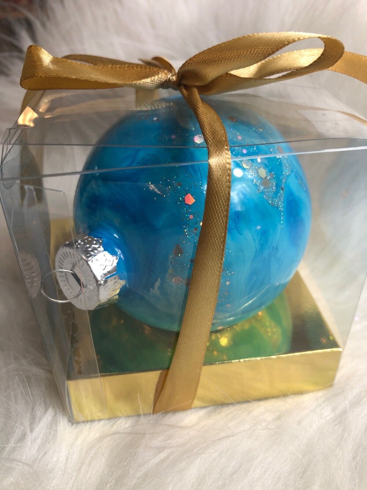 Hand-Painted Blue Christmas Ornament With Glitter Swirls