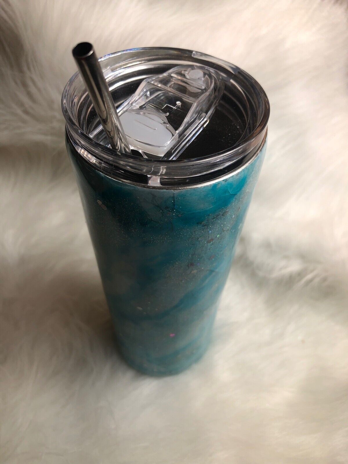 Glittery Blue Tumbler Handmade Swirl Stainless Steel Cup includes Lid & Straw