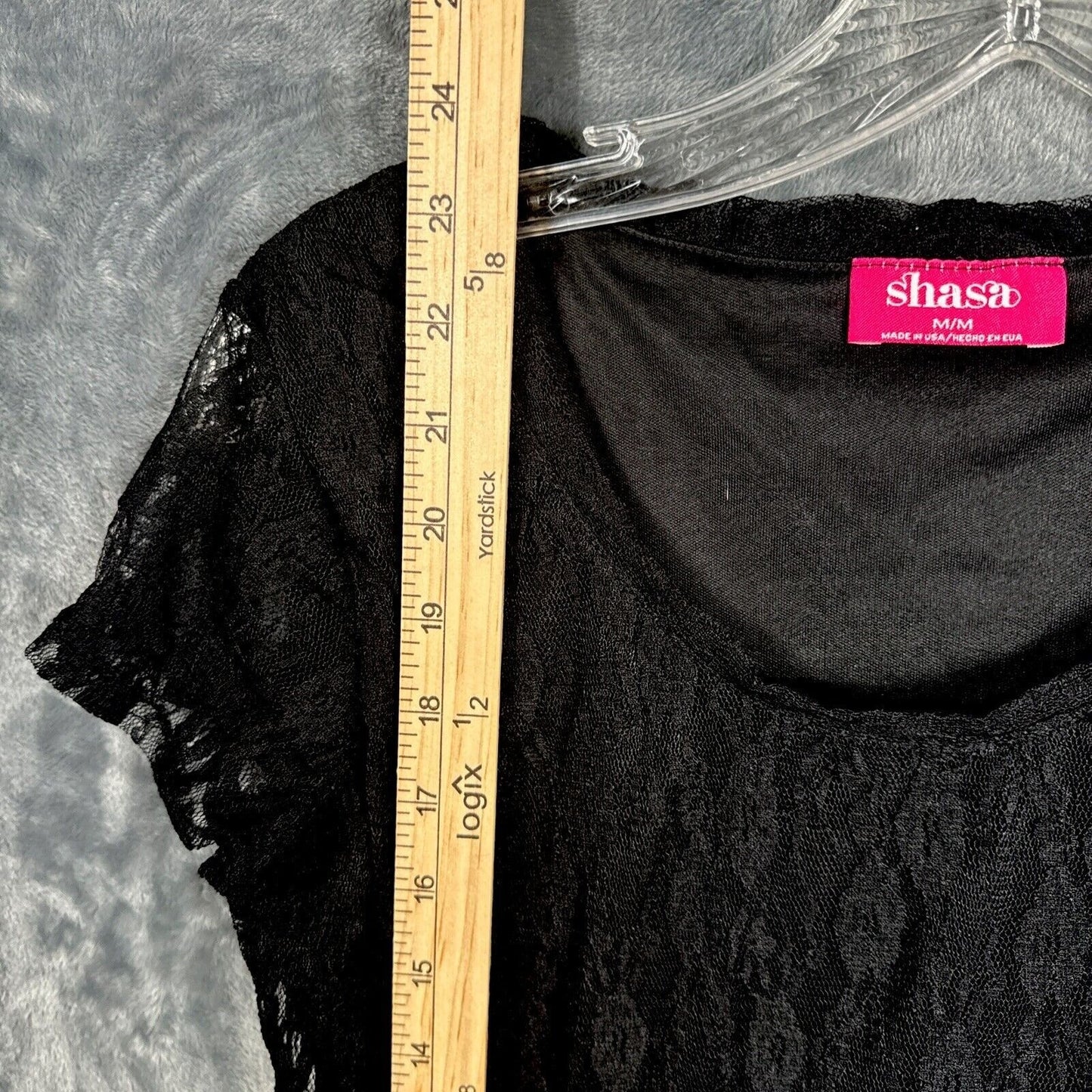 Shasa Woman's Blouse Black Lace Short Sleeve Peplum Top M/M Made In USA