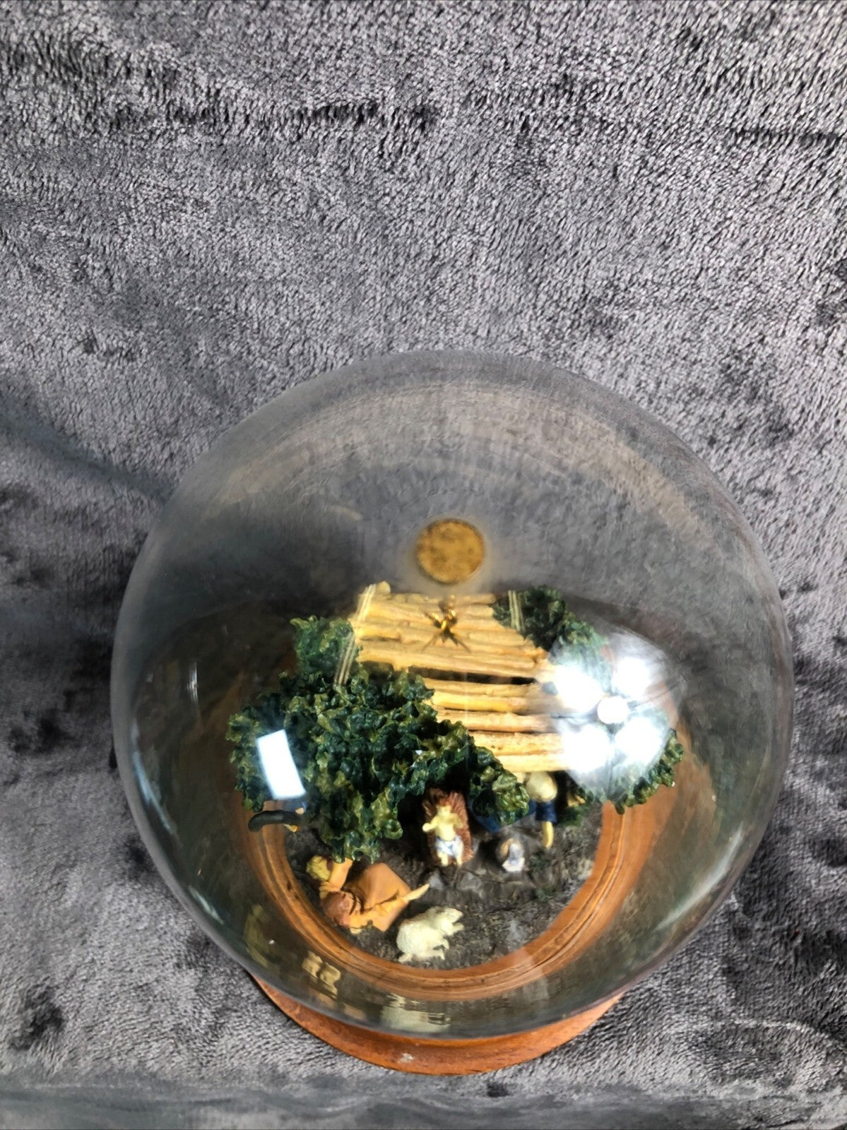 Nativity Scene Under Glass Dome With Wooden Base