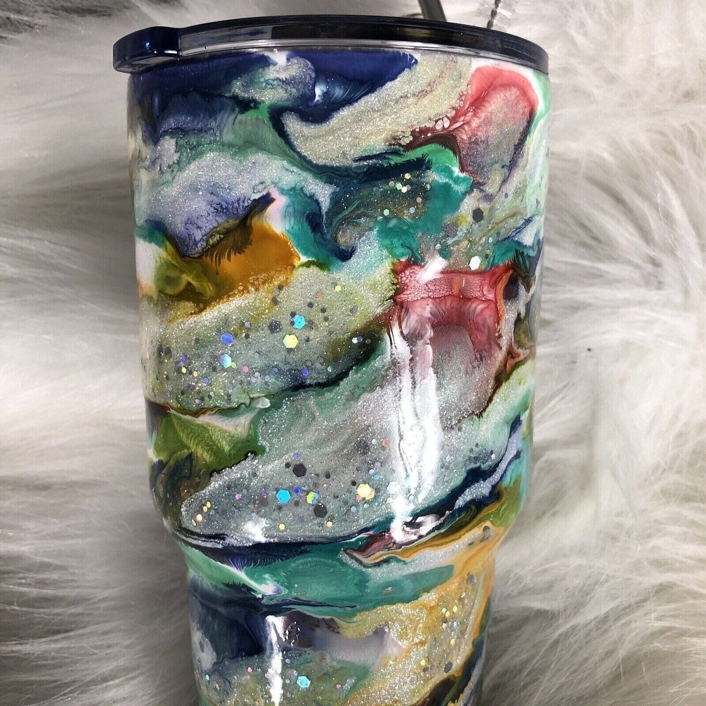 32 oz Tumbler Handmade Stainless Steel Blue/Silver Swirl Design