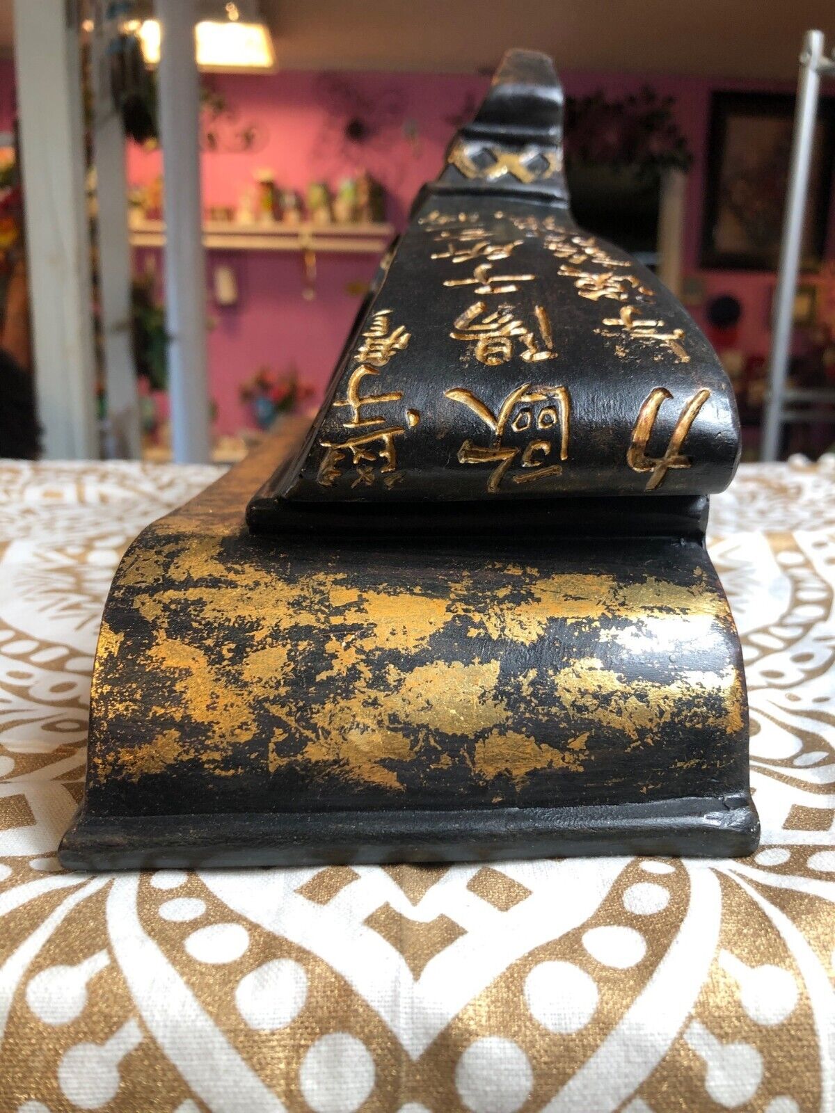 Antique Chinese-Style Black & Gold Decorative Wall Shelf With Carved Characters