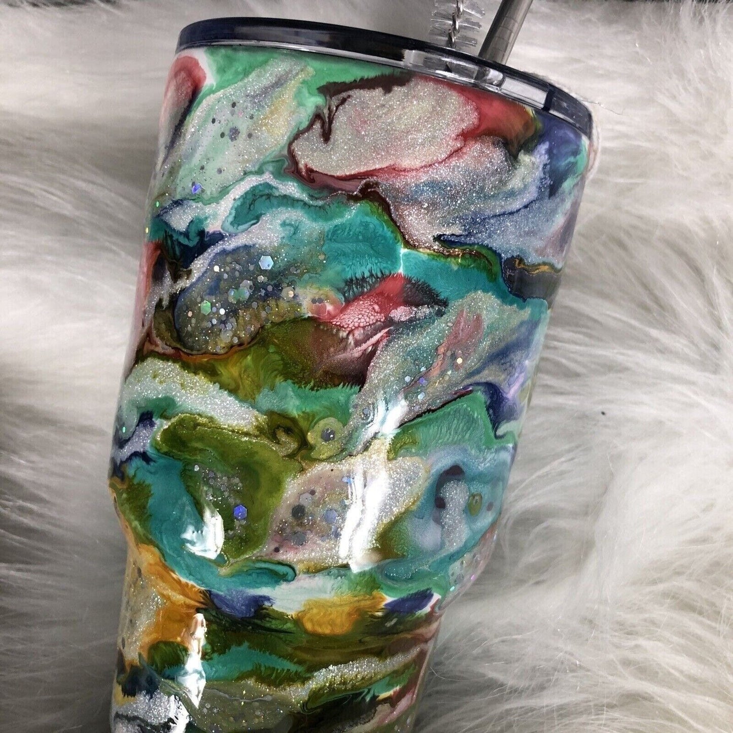 32 oz Tumbler Handmade Stainless Steel Blue/Silver Swirl Design