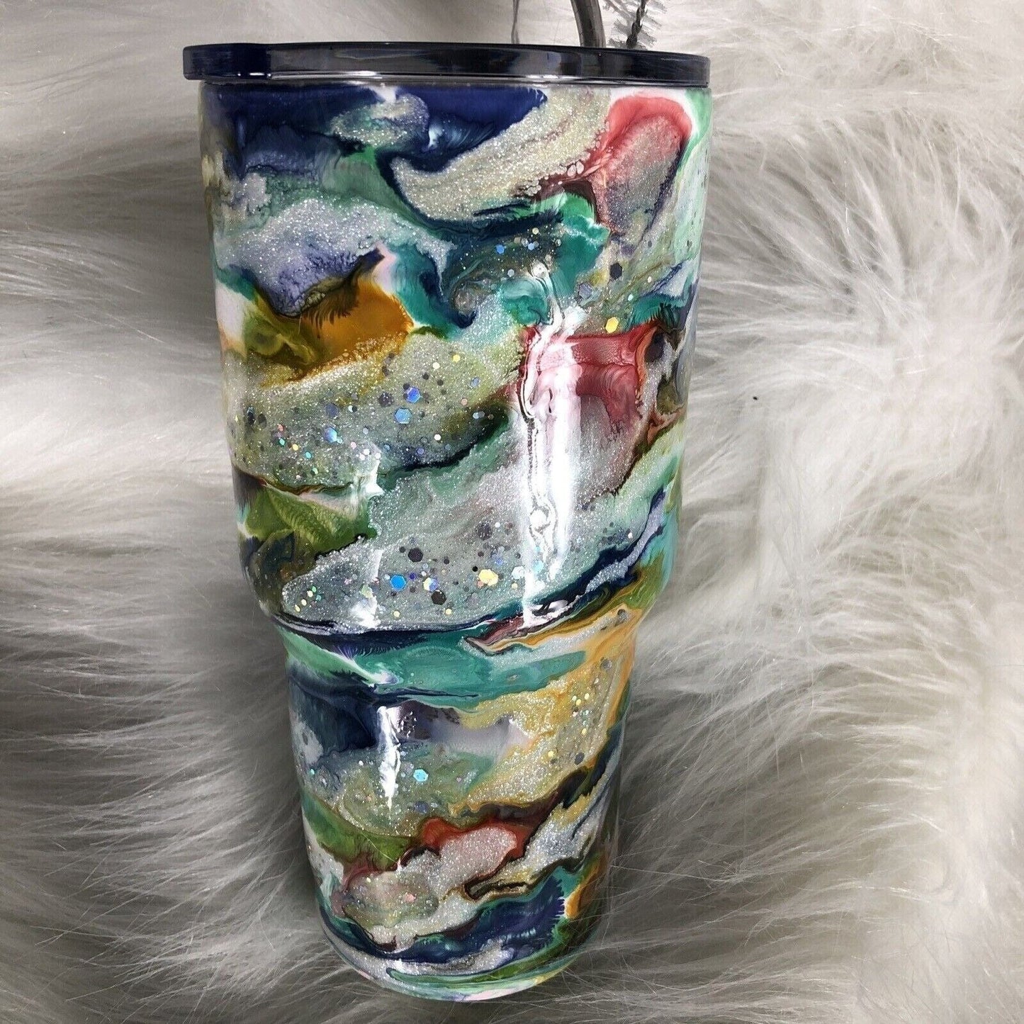 32 oz Tumbler Handmade Stainless Steel Blue/Silver Swirl Design