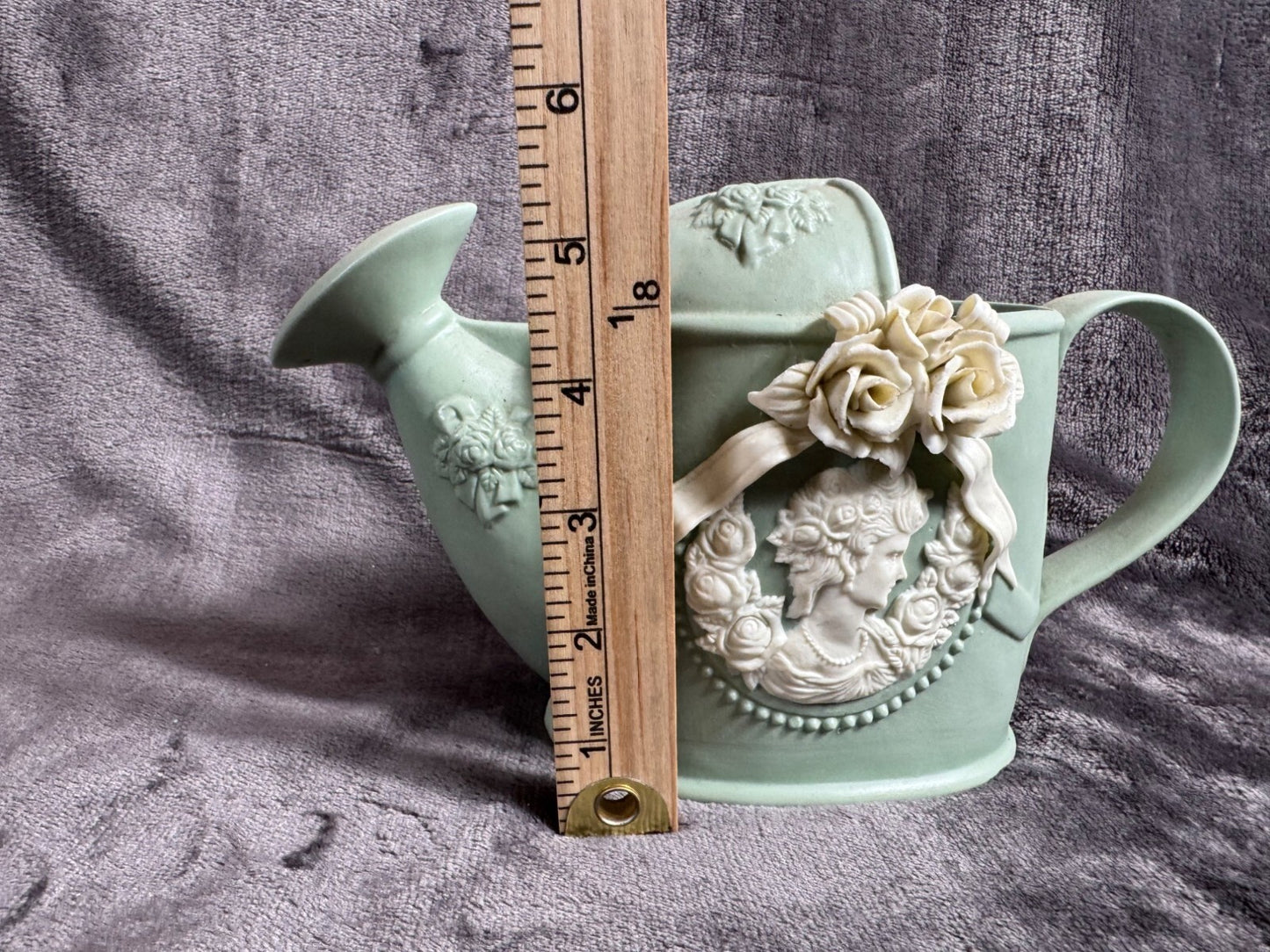 Vintage Ceramic Watering Can With Floral Embellishments & Cherub Design