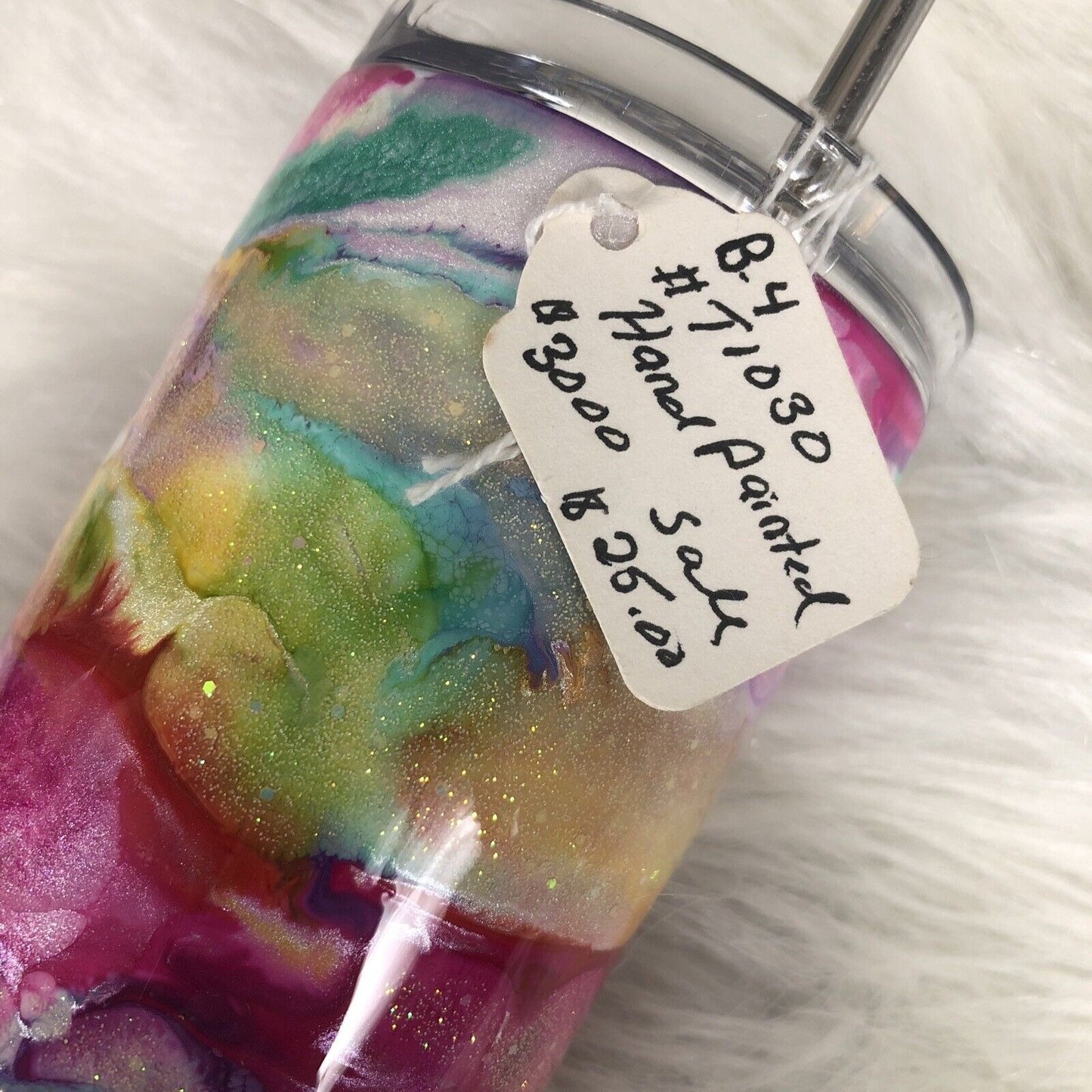20 Ounce Tumbler Hand-Painted Pinks Pearl Teal Yellow Lid And Straw
