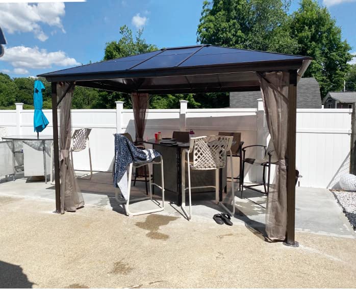 YOLENY 10'x12' Hardtop Gazebo, Outdoor Polycarbonate Roof Canopy, Aluminum Frame Permanent Pavilion with Curtains and Netting, Sunshade for Garden, Patio, Lawns