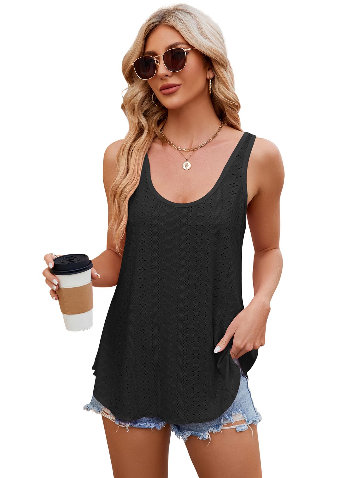VUTRU Womens Tank Tops Sleeveless Eyelet Loose Casual Summer Flowy Square Neck Beach Vacation Clothes 2025 (Black,L)