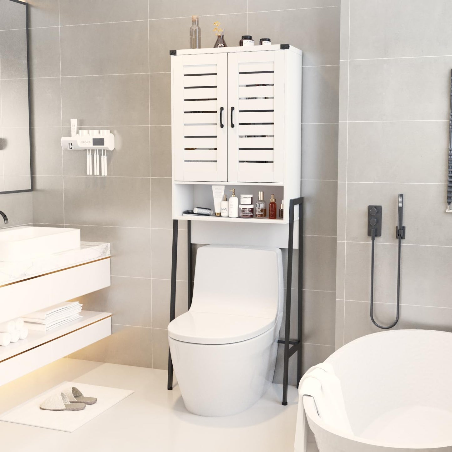 Saedew Over Toilet Storage Cabinet with 2-Door Blinds, Freestanding Space Saver with Organizer, White
