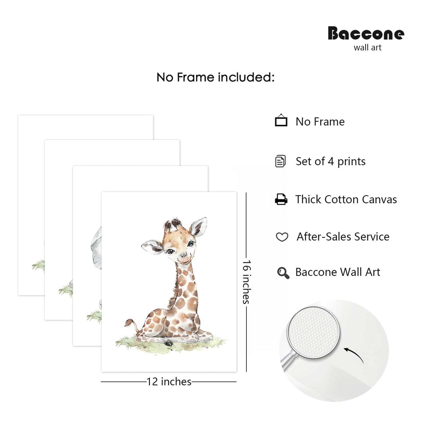 Safari Nursery Wall Art Decor Baby Animal Canvas Wall Art Woodland Nursery Wall Decor Kids Jungle Animal Pictures Safari Giraffe Elephant Tiger Prints for Room Bedroom Set of 4 12x16 Inch Unframed