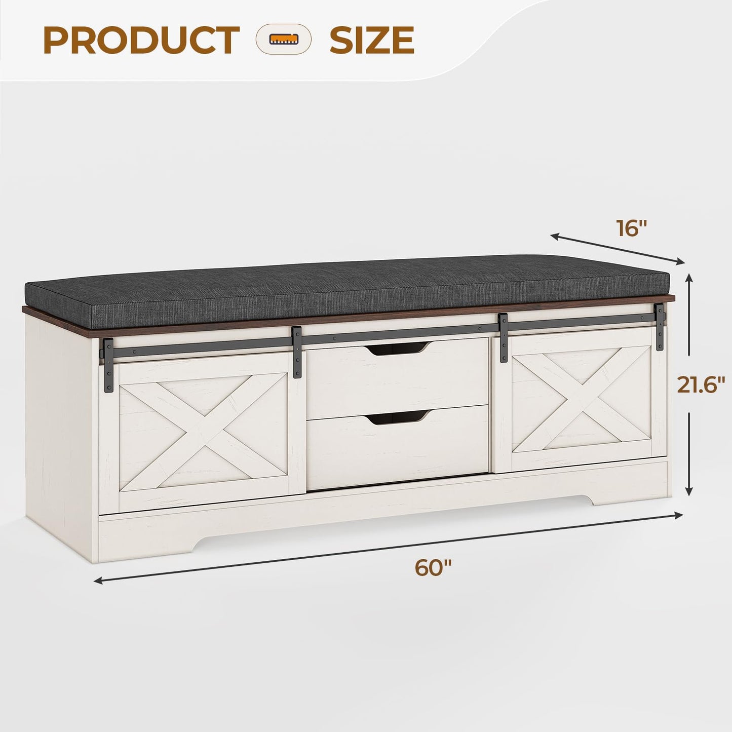 UPOSOJA 60“ Farmhouse Storage Bench with Cushion, Shoe Rack with Slide Barn Doors, Adjustable Shelf and 2 Drawer for Entry, Bedroom, Closet, Living Room, Hallway (White Brown, 60 in)
