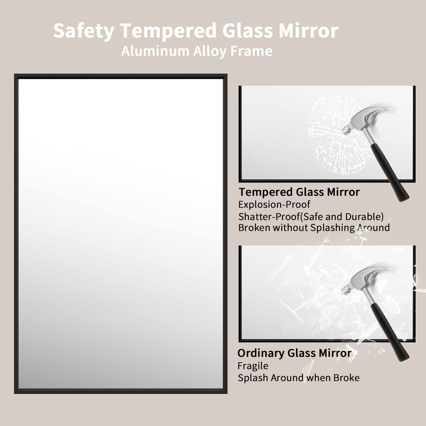 LOAAO 48"X32" Black Rectangle Bathroom Mirror Wall, Matte Black Aluminum Alloy Frame, Tempered Glass, Hangs Vertically or Horizontally, Easy to Install