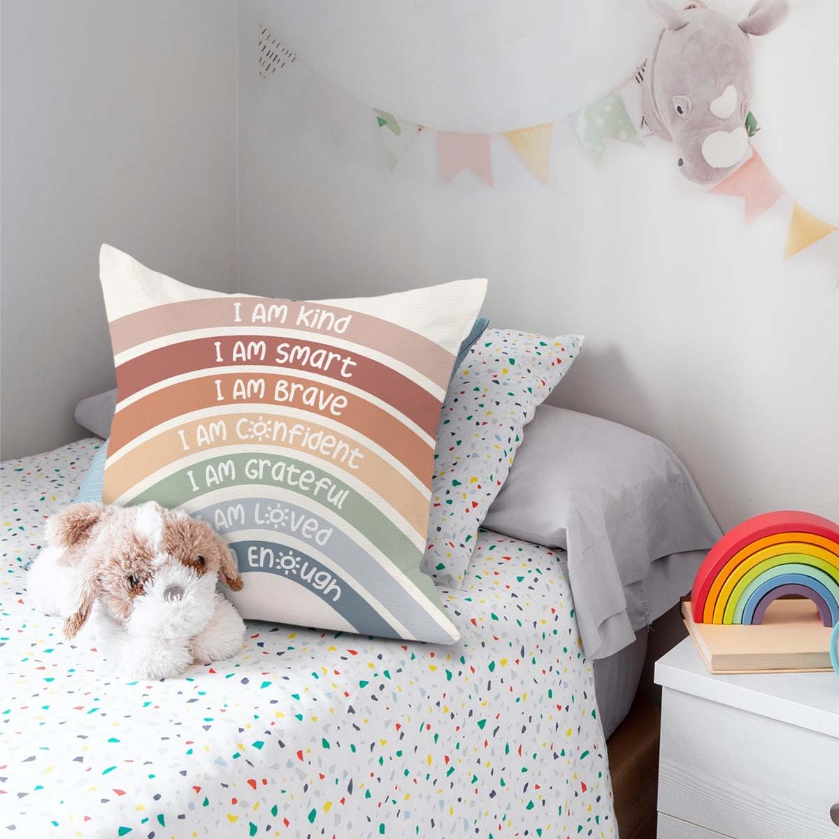 QIYUHOY Classroom Reading Corner Boho Rainbow Decor Throw Pillow Covers, Book Center Calming Corner Home Bedroom Playroom Decor Pillow Case, 18x18 Inch Pillowcase