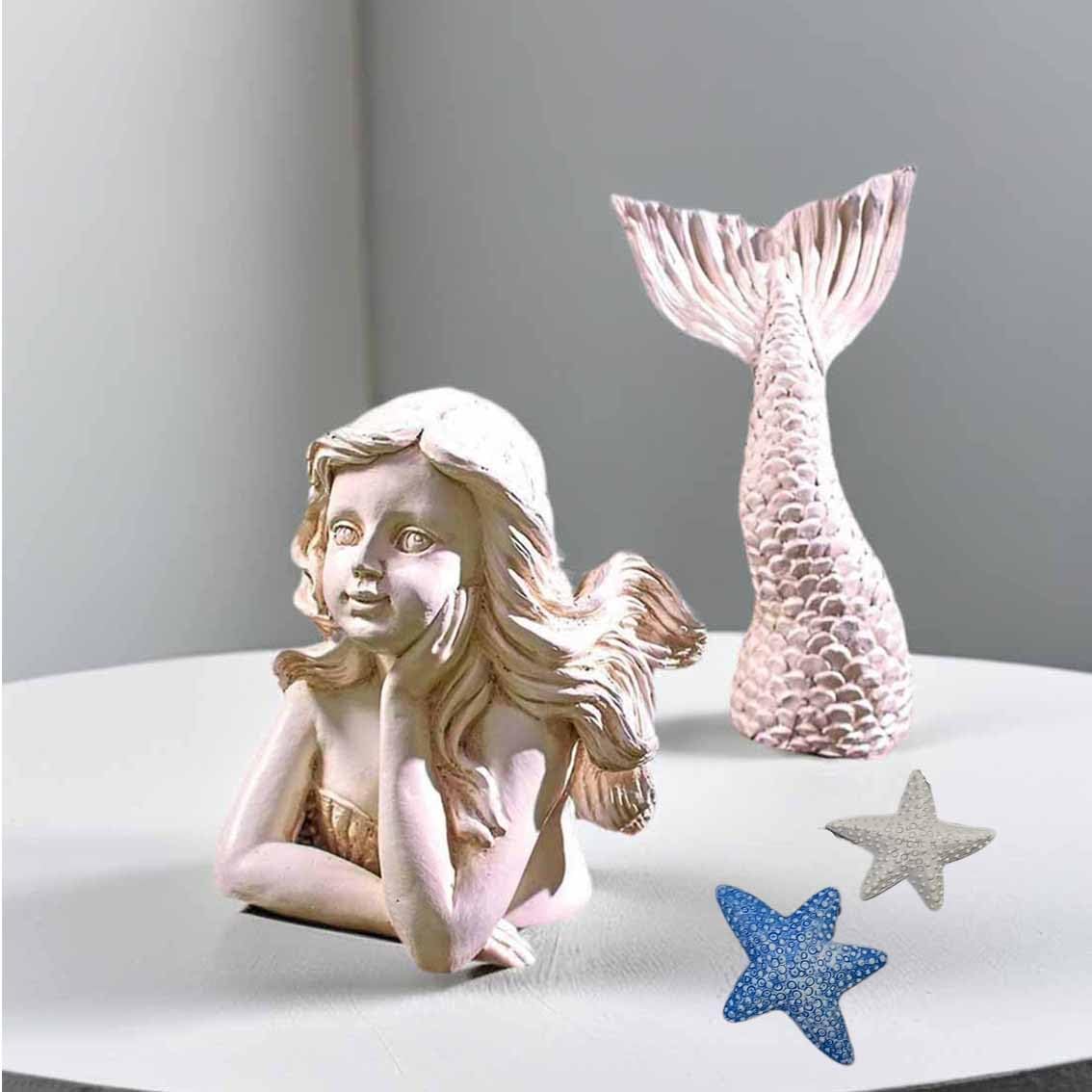 BGBWBFBR Handmade Mermaid Statue Set with Blue and White Starfish: A Beautiful Addition to Your Home Décor