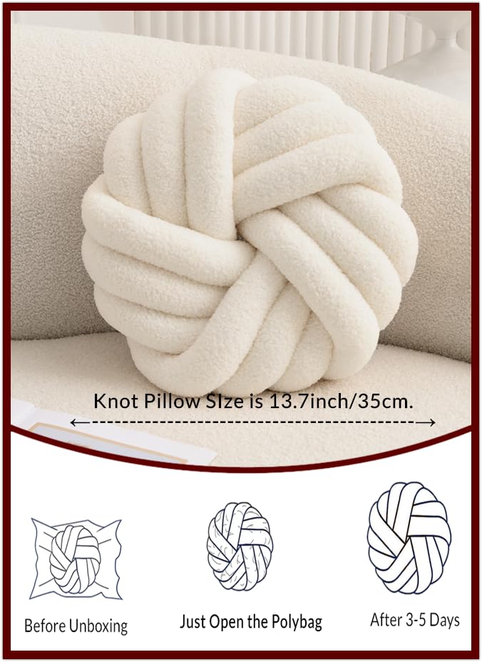 Vdoioe Cream White Knot Pillow 13.7'' Round Throw Pillow Soft Plush Knot Ball Pillow Handmade Knotted Pillow Modern Home Decorative Knotted Pillow Cushion for Bed Bedroom, Sofa, Couch