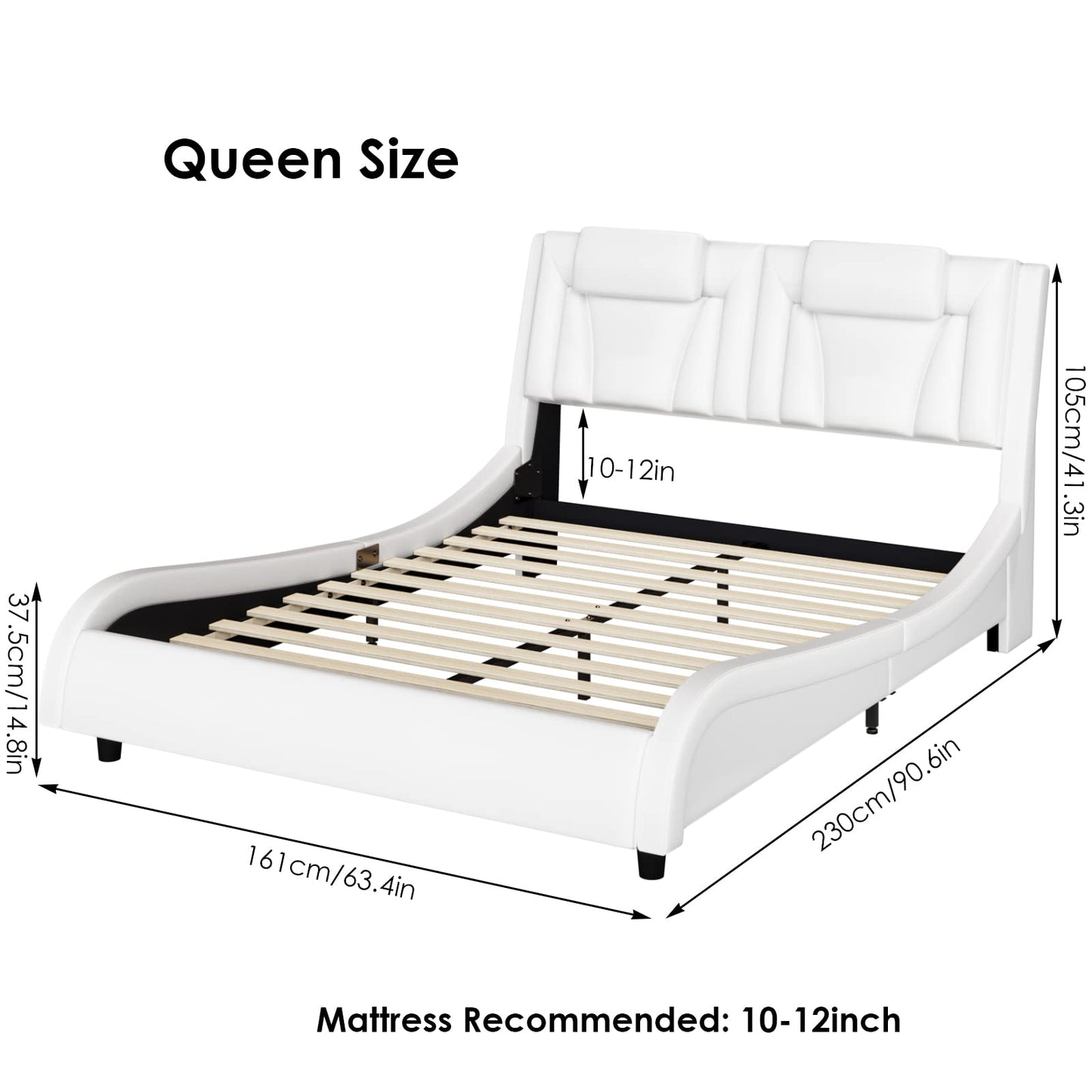 Keyluv Upholstered Platform Bed Frame with Adjustable LED Headboard, Pu Leather, Wave-Like Curve Design and Solid Wooden Slats Support, No Box Spring Needed, Noise Free, Modern, Queen, White