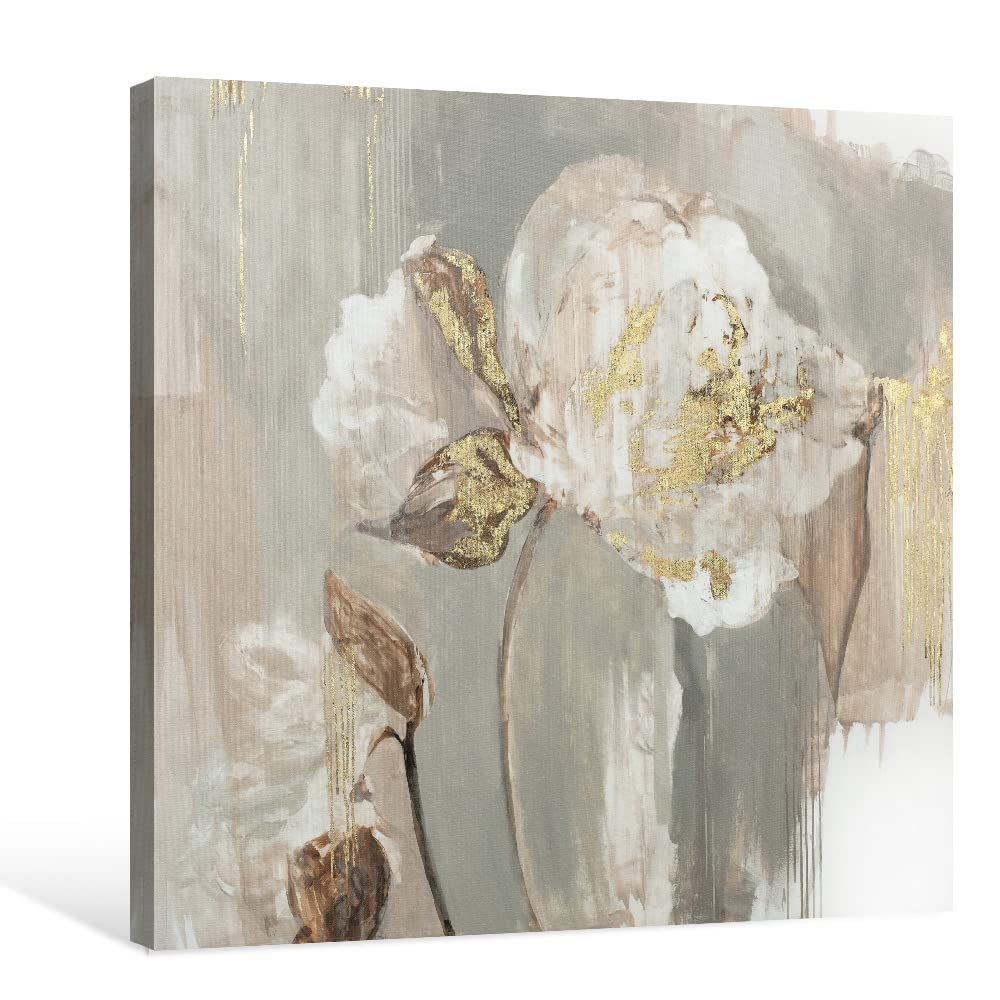 Goldfoilart Floral Wall Art Gold Pictures of White Flower Canvas with Gold Foil Embellishment Paintings Textured Poster Framed Artwork for Living Room Bedroom Office Decorations 24" x 24"