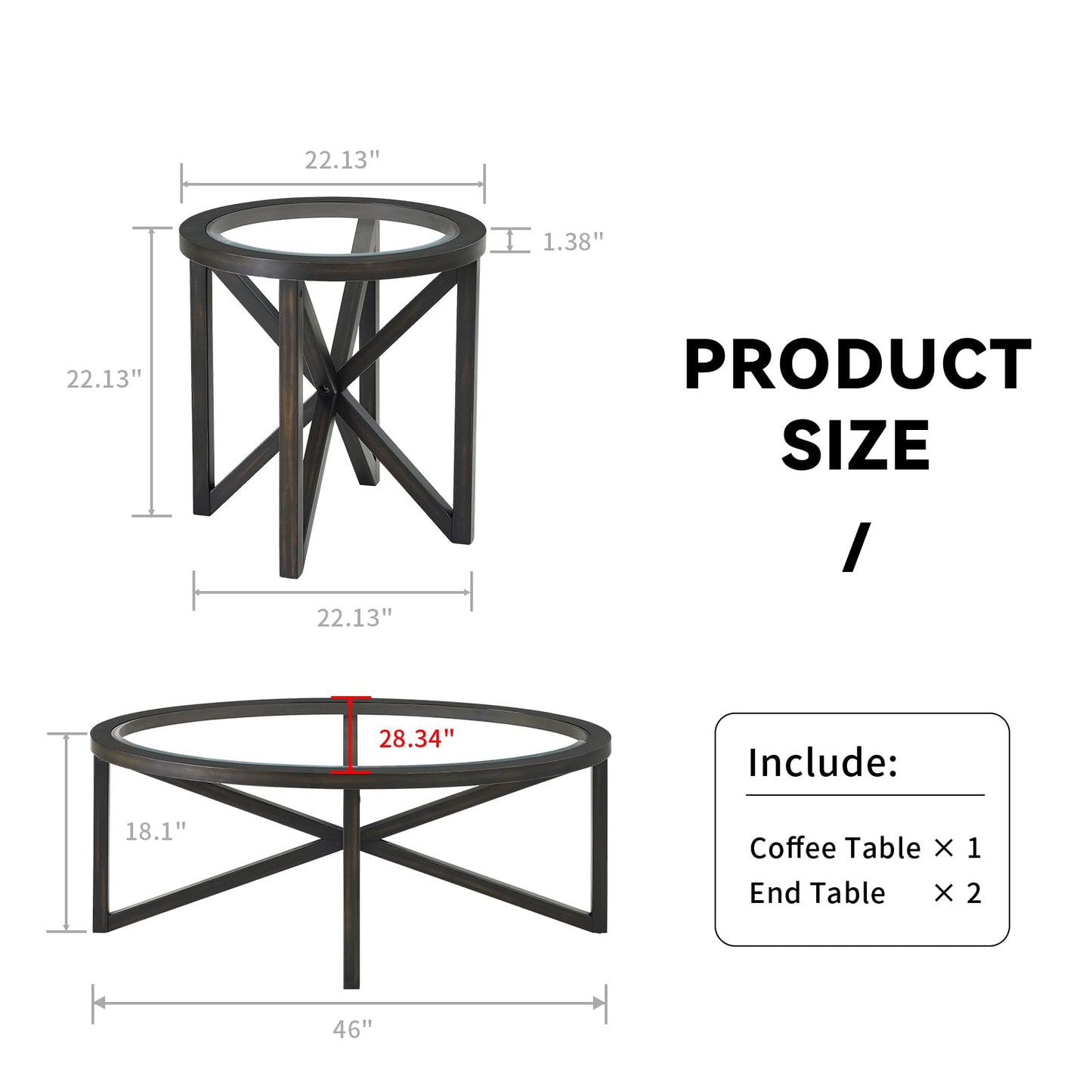 LKTART 3 Pcs Coffee Table Set Oval 46'' Tempered Glass Top Solid Wood Legs Coffee Table Round 2 End Table for Living Room Office (Black)