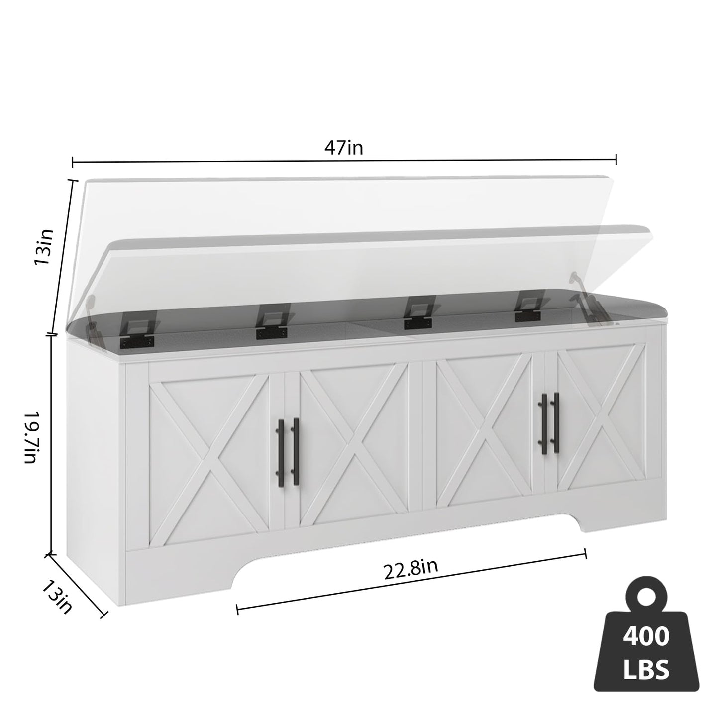 DreamDashio Farmhouse Storage Bench with Lift Top Storage, 47.2" Entryway Bench with Cushioned Seat, End of Bed Bench, Wooden Storage Chest Trunks, for Entryway, Bedroom, Living Room,White
