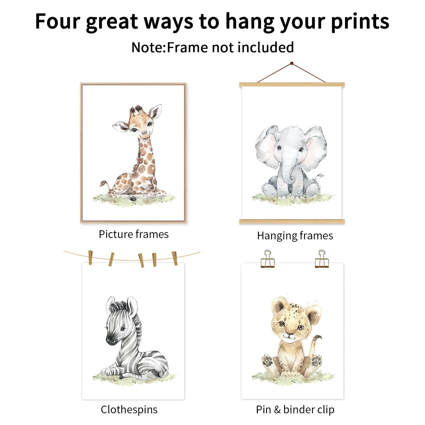 Safari Nursery Wall Art Decor Baby Animal Canvas Wall Art Woodland Nursery Wall Decor Kids Jungle Animal Pictures Safari Giraffe Elephant Tiger Prints for Room Bedroom Set of 4 12x16 Inch Unframed