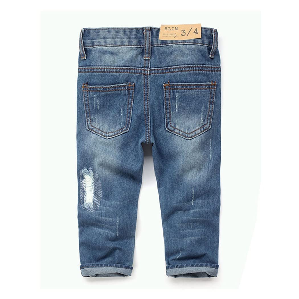 KIDSCOOL SPACE Baby Girl Boy Jean,D Ring Elastic Band Inside Ripped Denim Pants,Light Blue,12-18 Months