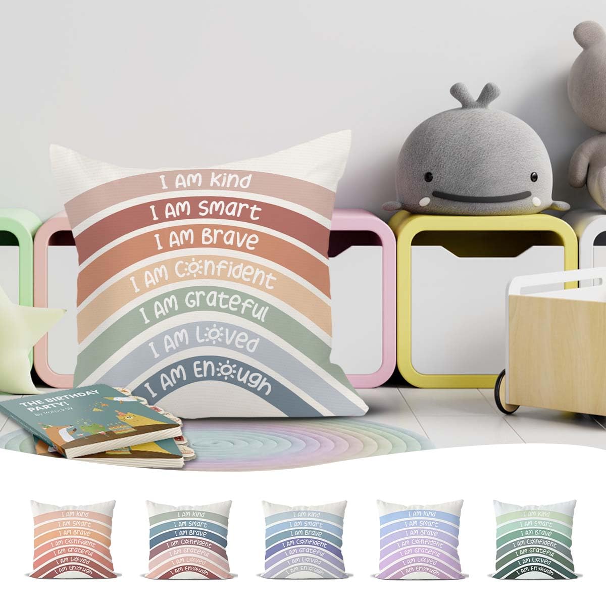 QIYUHOY Classroom Reading Corner Boho Rainbow Decor Throw Pillow Covers, Book Center Calming Corner Home Bedroom Playroom Decor Pillow Case, 18x18 Inch Pillowcase