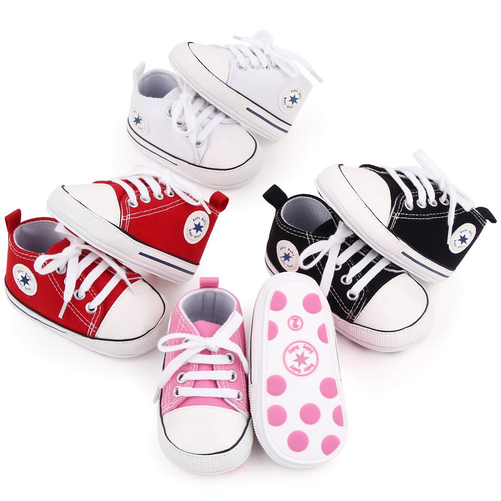 KKIIDDSS Unisex Baby Girls Boys Canvas High-top Shoes, Newborn Infant Anti-Slip Soft Sole Frist Walking Sneakers (A01/White Rubber Sole,0-6 Months)